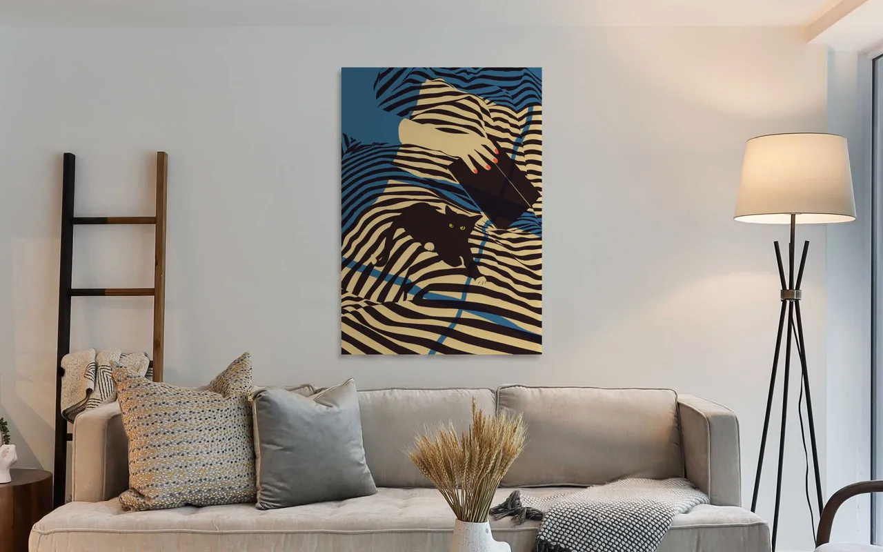 Plakat, Katze auf Bett F4 aufgezogen