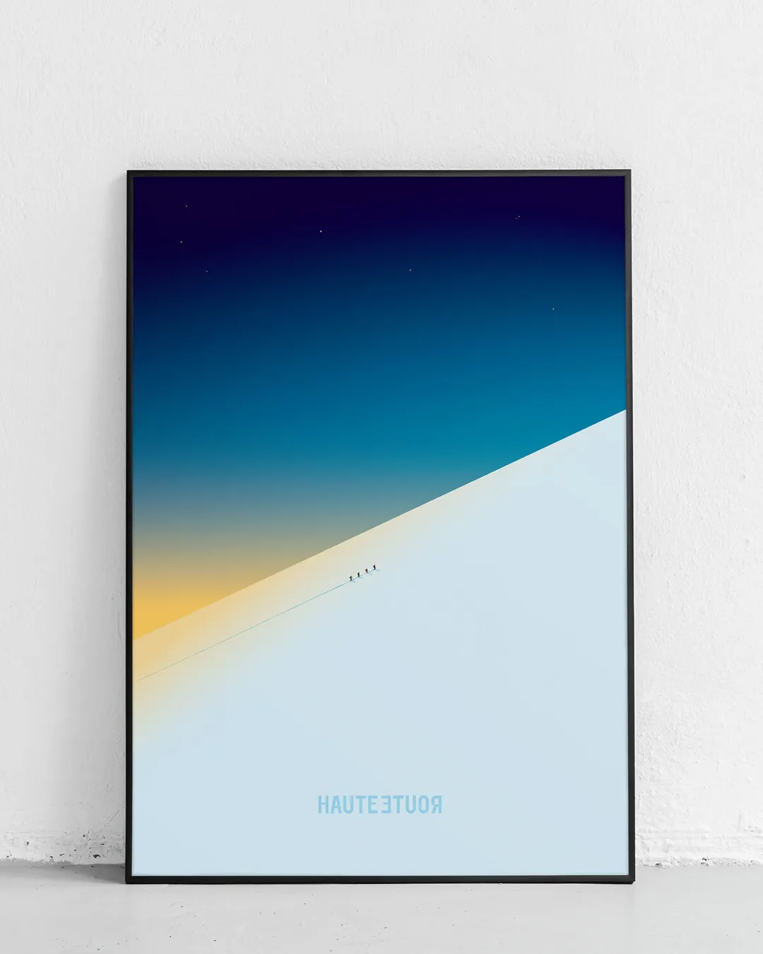 The poster shows a snow-covered ridge in the very early morning. The sun is close to the ridge. Four ski tourers are on their way to the summit. The poster has an extremely reduced and minimalist design with very few areas and gradients. The poster is simply placed on the wall in an F4 frame.
