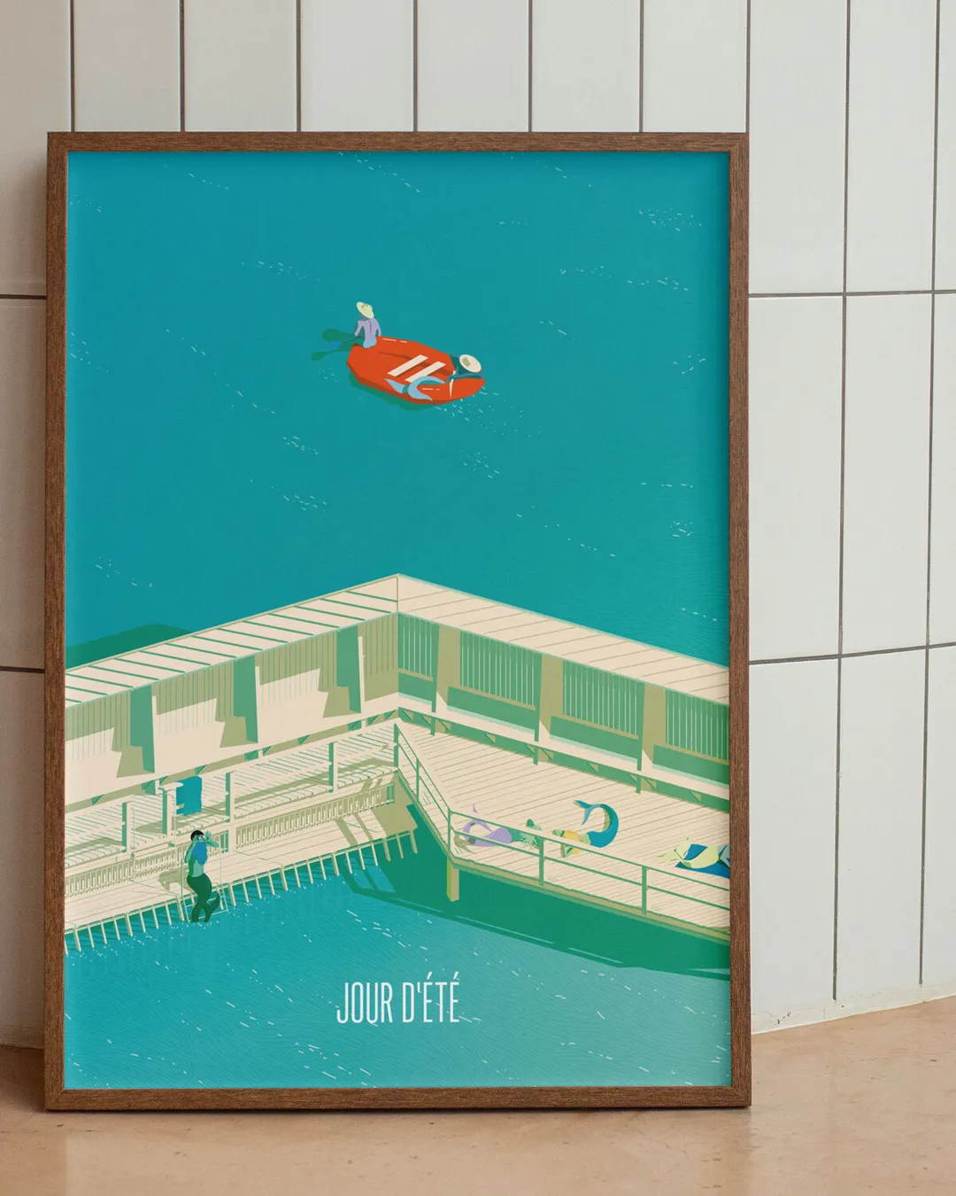 Illustrations-Reiseplakat für Touristen vom Marzilibad Bern in einem A1 Bilderrahmen