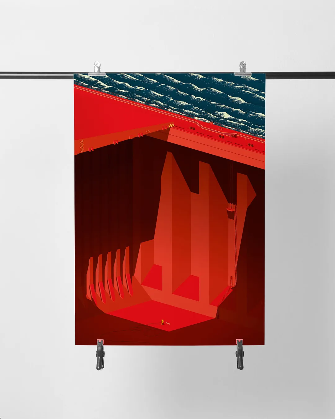 Modern poster for apartment or home office with open hatch cargo ship illustration in neutral tones