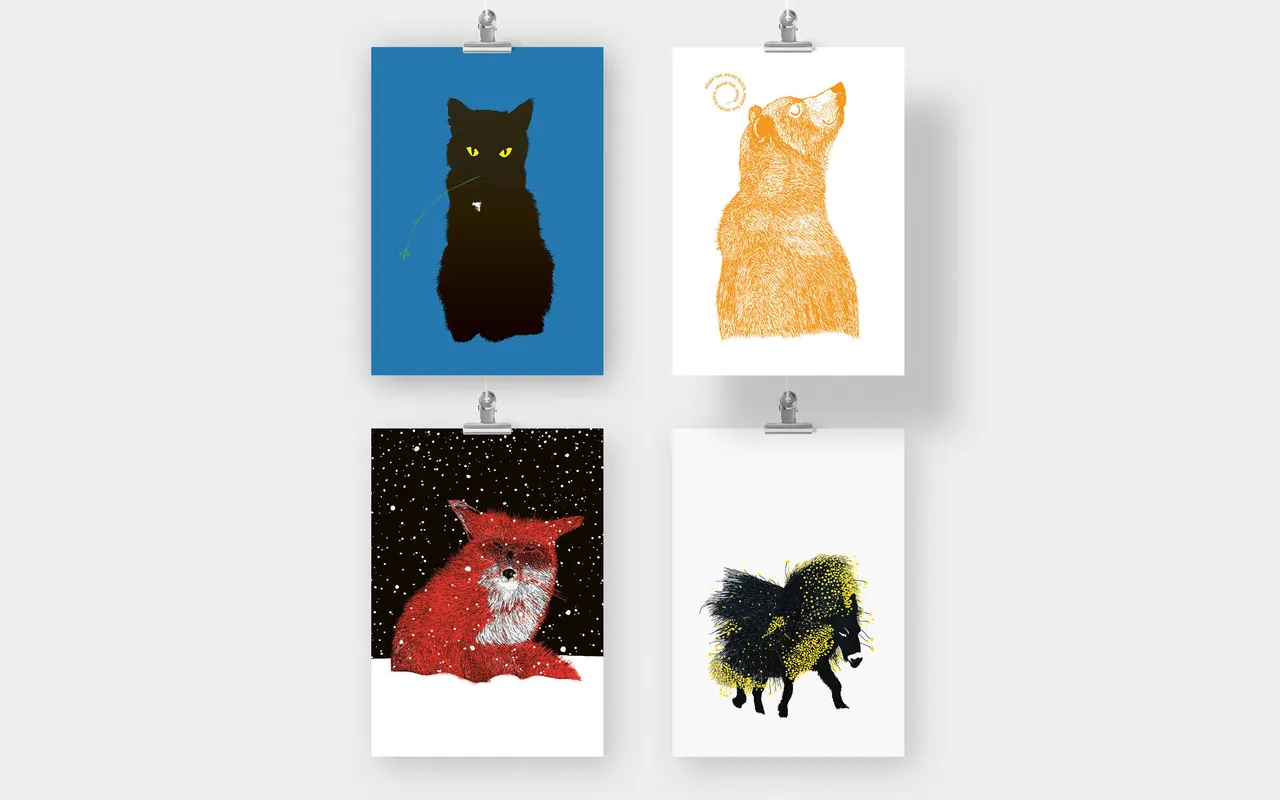 Postkarten Set, Tiere Illustration